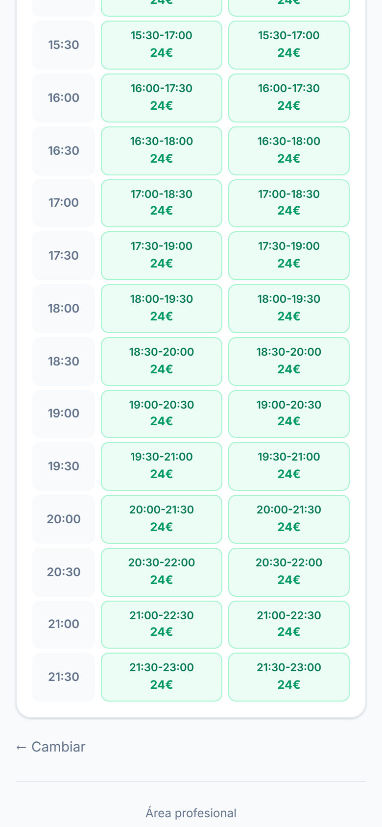 Franjas de pista con precio, desde la app del club