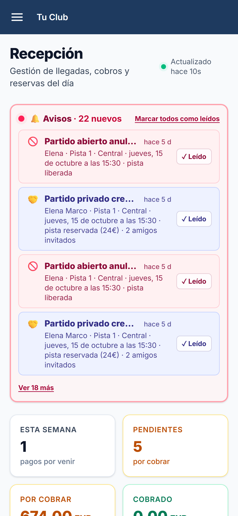 Avisos de recepción: un partido privado creado y la pista reservada desde la app