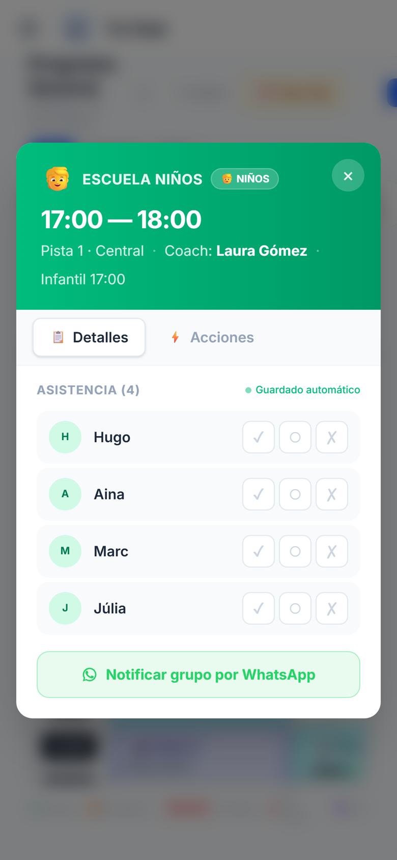 Asistencia del grupo Infantil desde el móvil del entrenador, con guardado automático