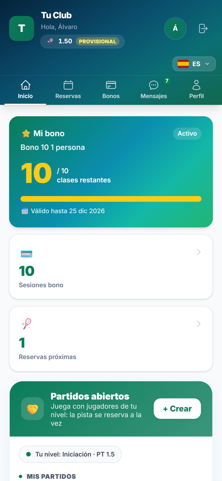 Mi espacio: la app del club en el móvil del jugador, con su bono y sus partidos